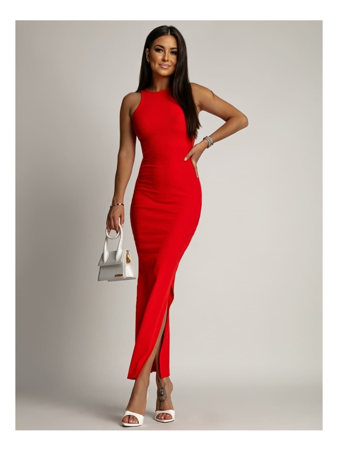 Fitted basic dress with a cutout on the back, coral FG669 - Online store - Boutique